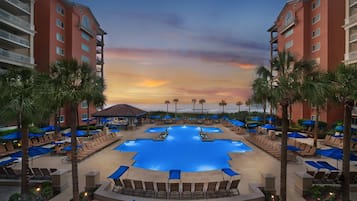 Indoor pool, outdoor pool, pool umbrellas