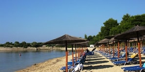 On the beach, sun loungers, beach umbrellas