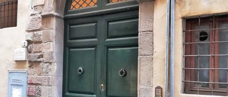 Una porta doble verda amb una finestra metàl·lica a la part superior, una planta en test i una caixa de subministraments a la dreta.