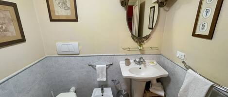 A bathroom with a toilet, bidet, sink, and mirror.