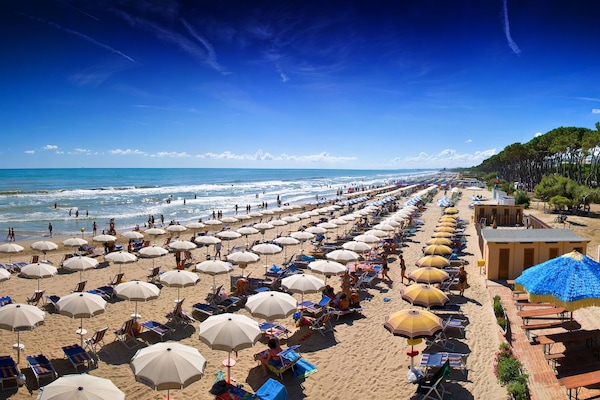 Privat strand i nærheten, hvit sand og strandbar