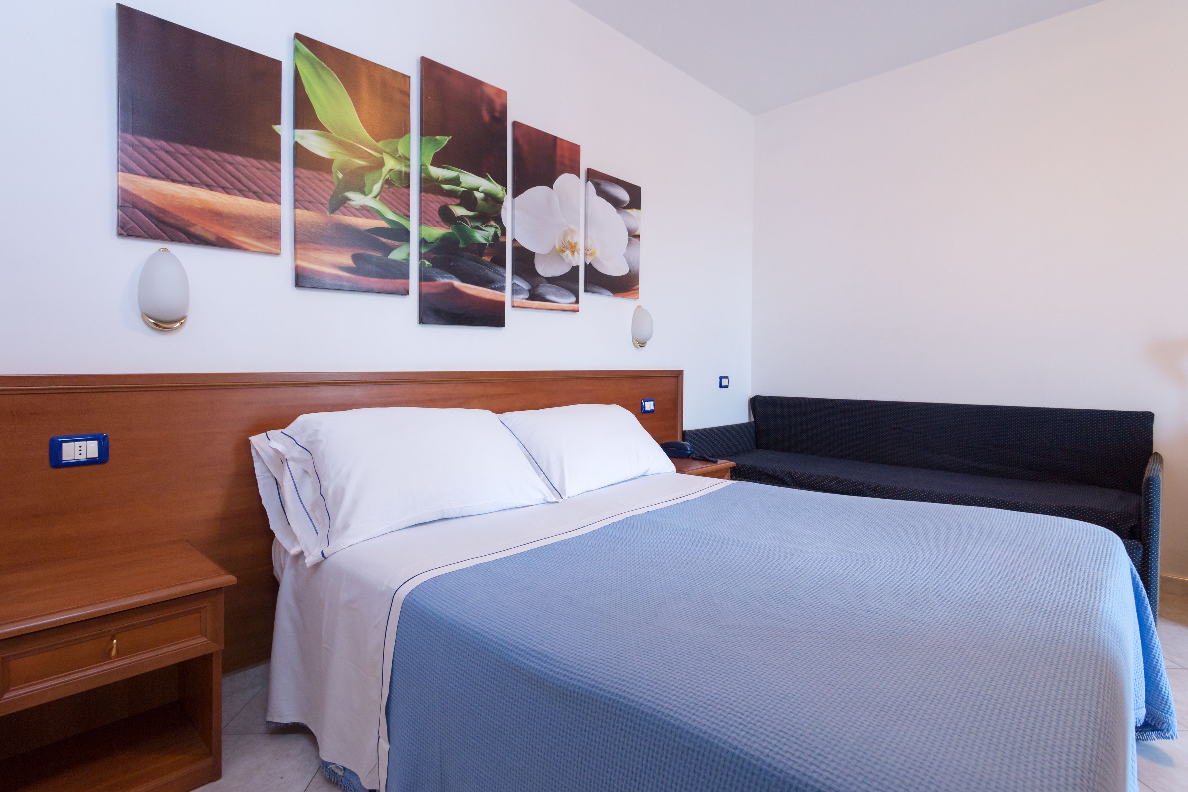 A hotel room with a large bed, a bedside table, a nightstand, a sofa, and three wall-mounted paintings.