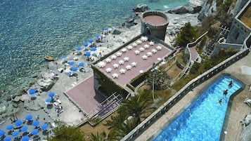 Una piscina al aire libre, sombrillas, tumbonas