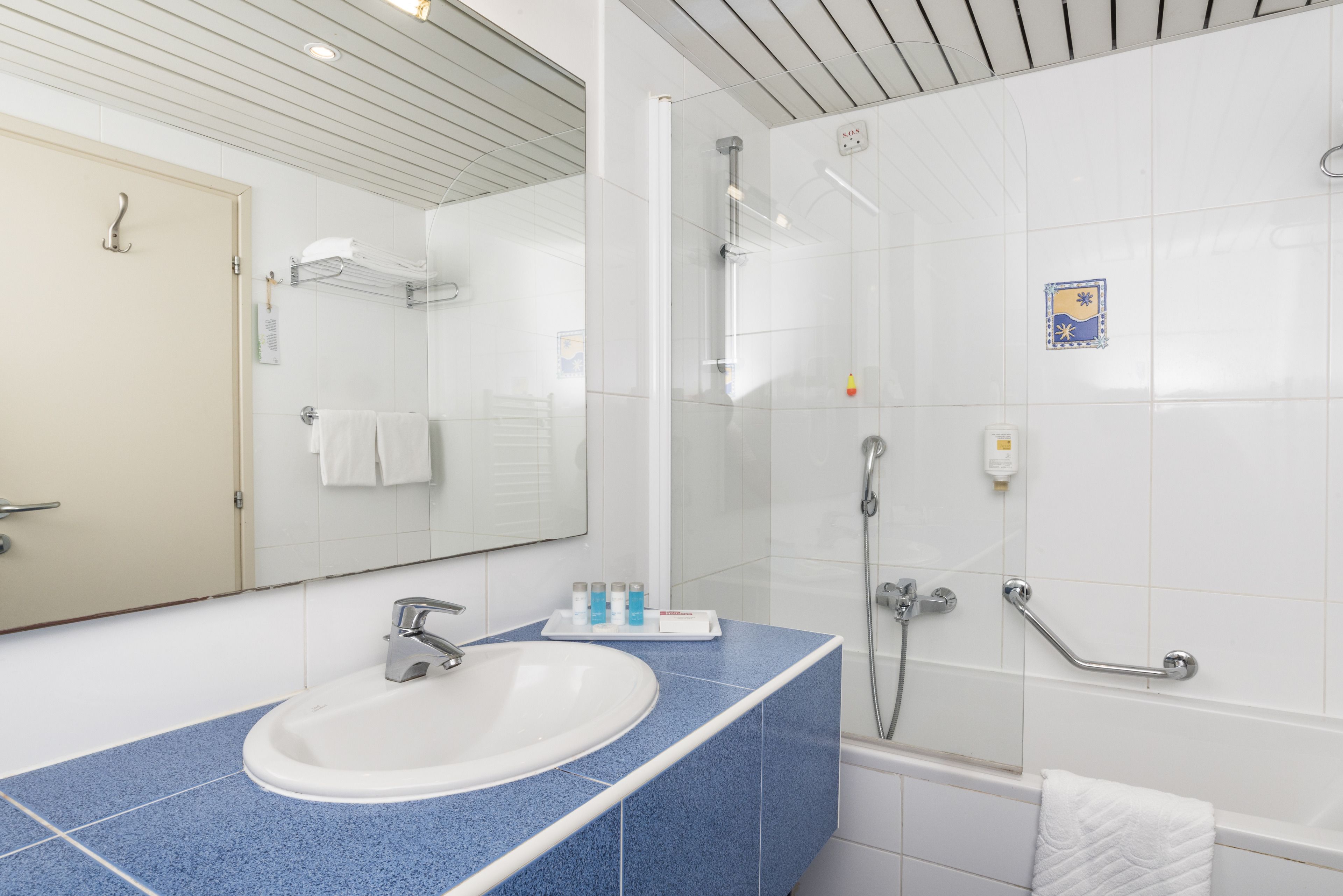 A bathroom with a sink, mirror, shower, and handrails.