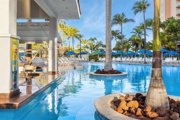Outdoor pool, pool umbrellas, pool loungers