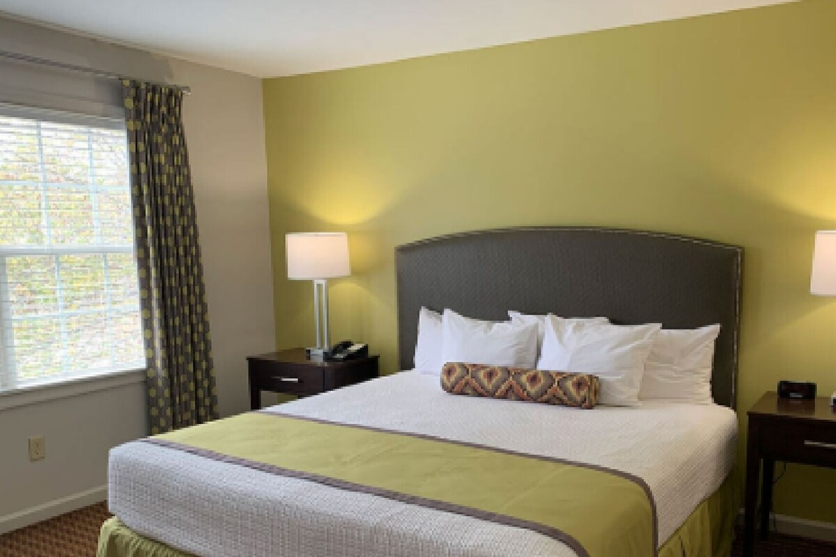 Hotelkamer met een bed, twee nachtkastjes, een raam met gordijnen, en een lamp op elk nachtkastje.