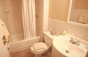 Combined shower/bathtub, free toiletries, hair dryer, towels