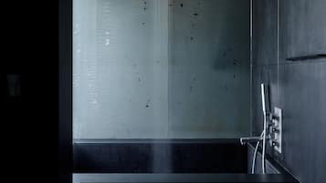 A modern bathroom with a glass shower enclosure, a stainless steel sink, and a wall-mounted faucet.