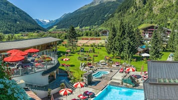 Indoor pool, outdoor pool, pool umbrellas, sun loungers