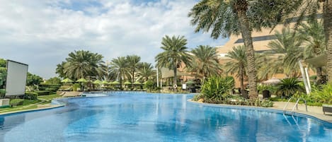 Outdoor pool, pool umbrellas, pool loungers