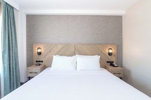 1 bedroom, desk, laptop workspace, blackout curtains
