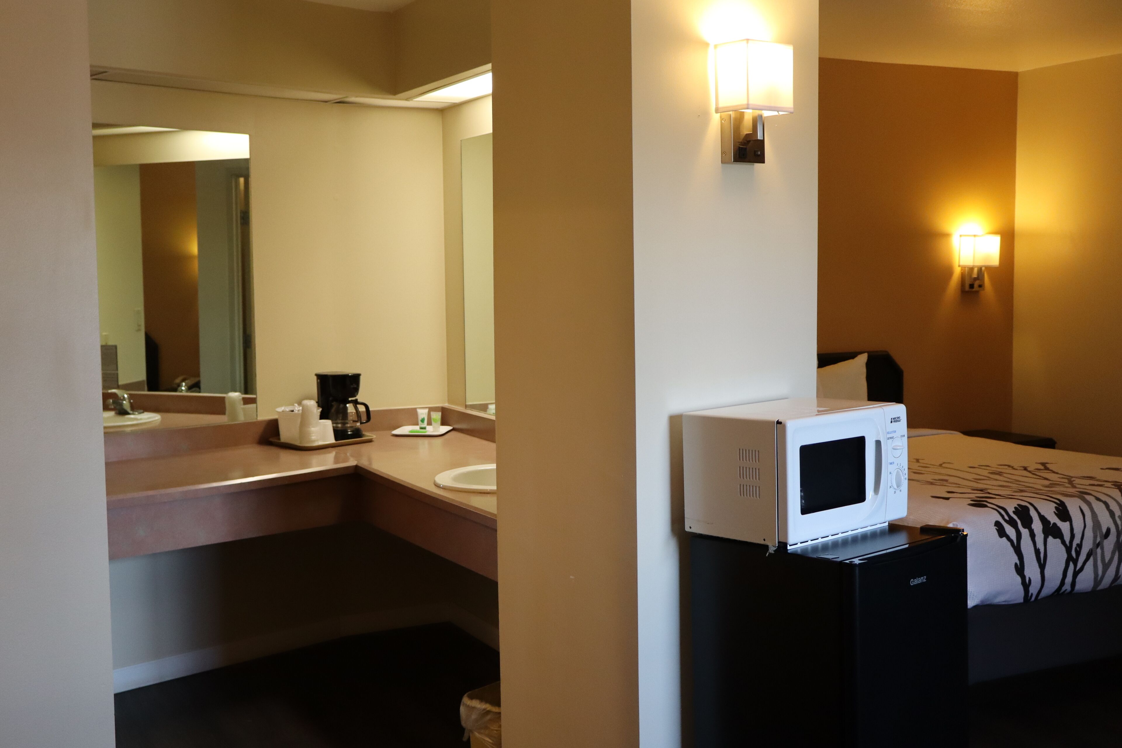 Una habitación de hotel con una cama, una mesita de noche con microondas, un lavabo y un espejo.