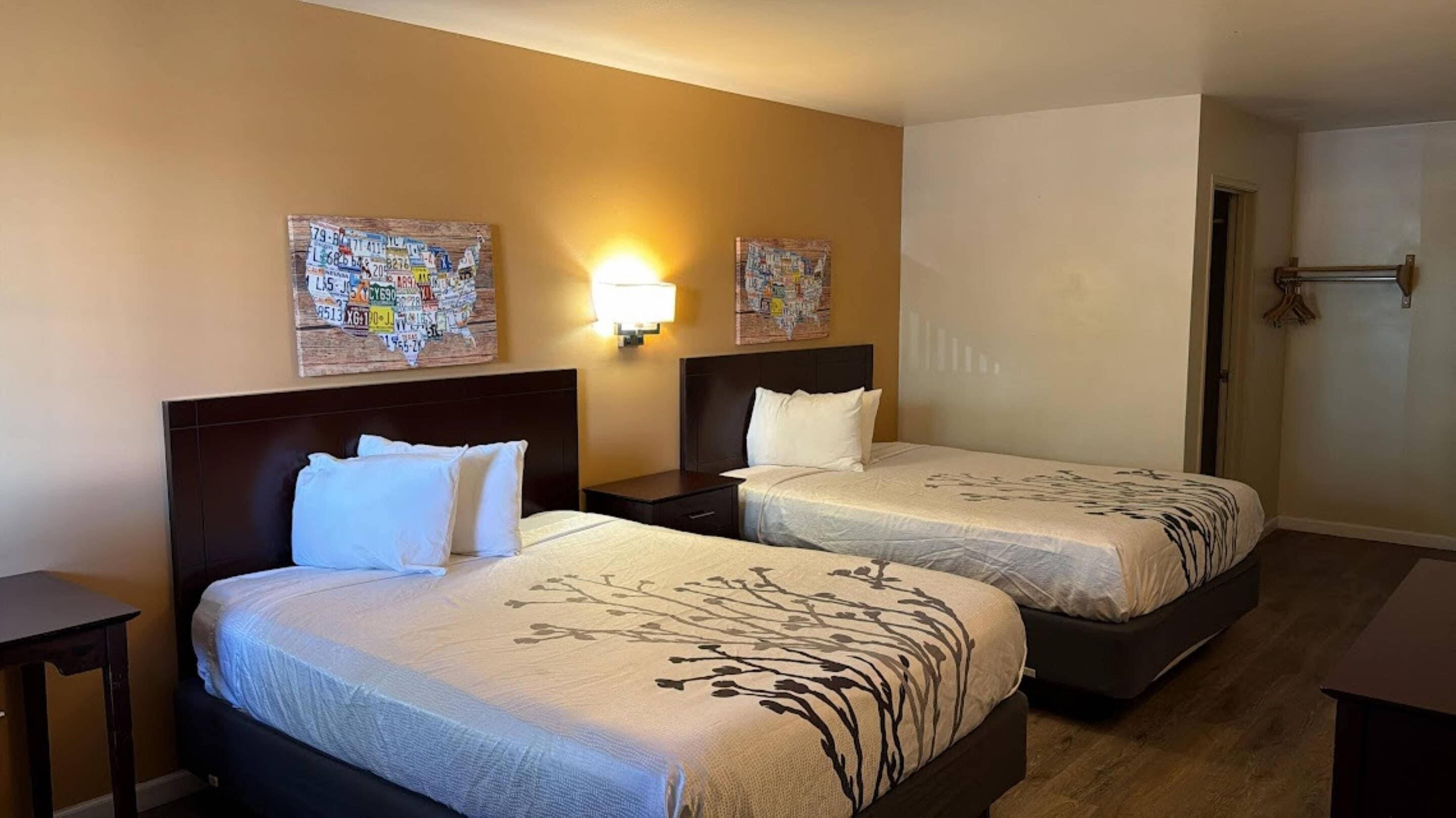 A hotel room with two beds, a nightstand, a wall-mounted lamp, and two wall art pieces.