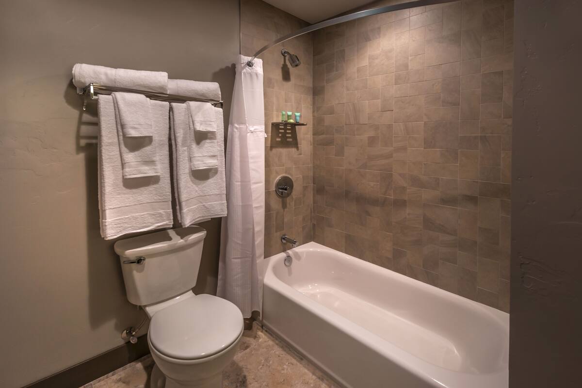 designer toiletries, hair dryer, towels