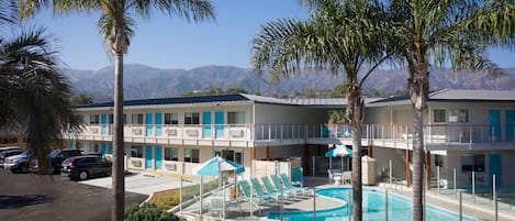 Um hotel com piscina, espreguiçadeiras e palmeiras.