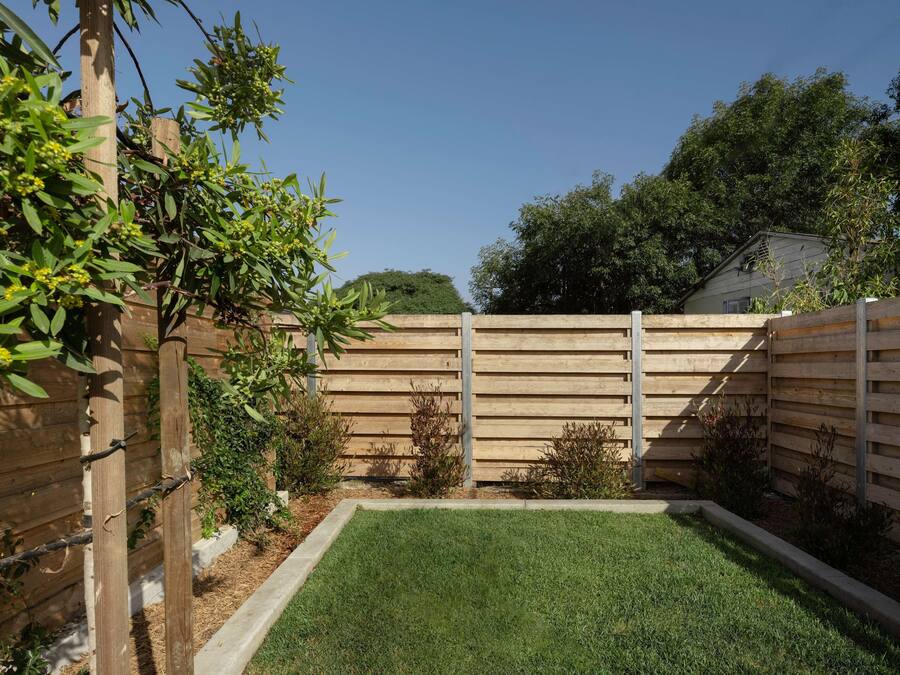 A fenced backyard with a grassy lawn, wooden fence, and various plants.