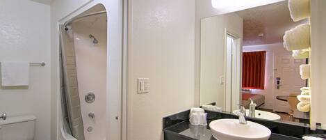 A bathroom with a toilet, a shower, a sink, and a mirror.