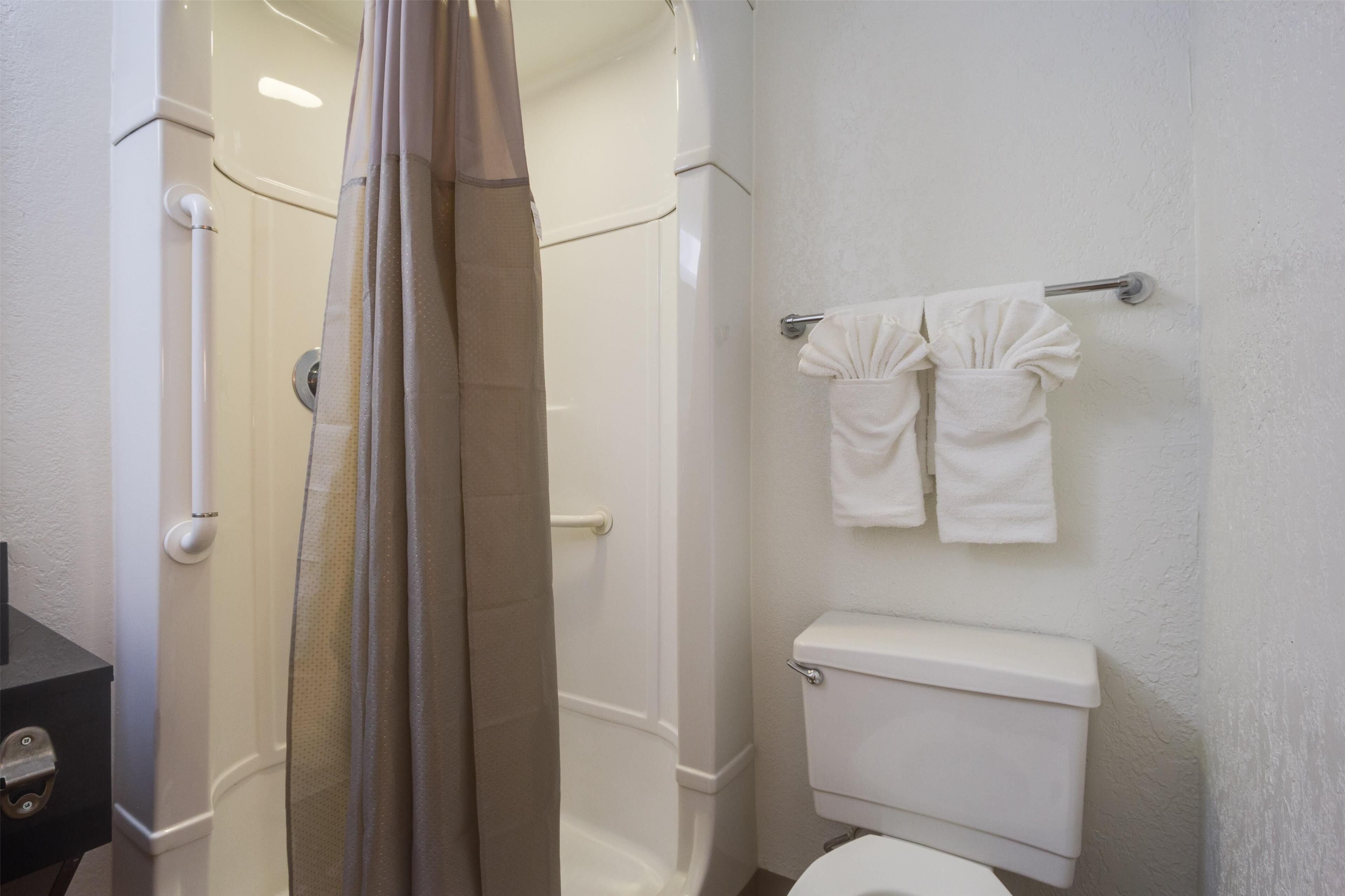Een badkamer met een douche, toilet en handdoekrek.
