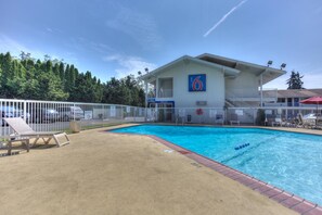 Piscina stagionale all'aperto, ombrelloni da piscina, lettini