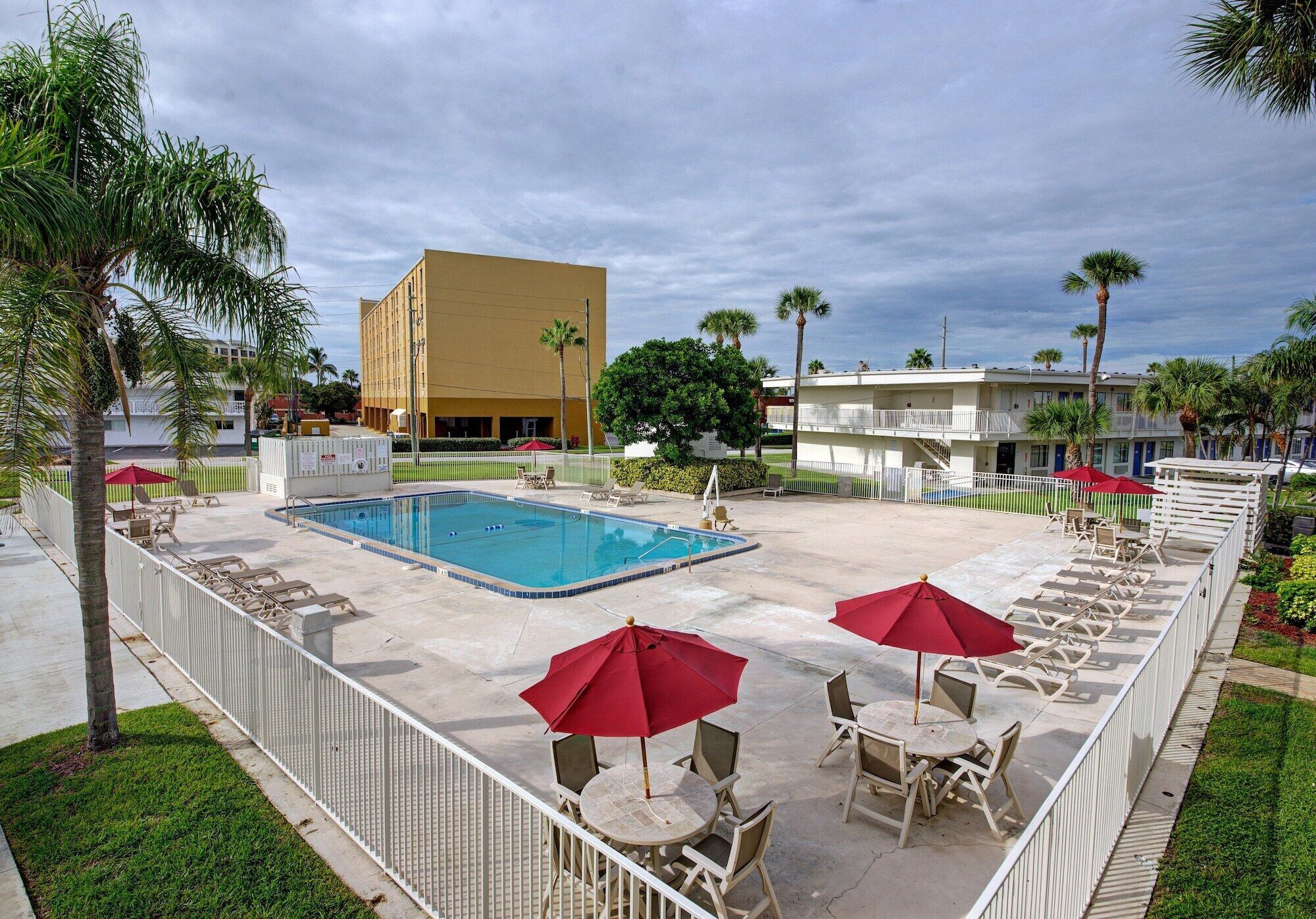 A pool area with lounge chairs and umbrellas, surrounded by palm trees and a building in the background.