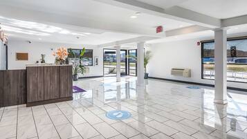 A modern hotel lobby with a reception desk, potted plants, and a view of the outside.