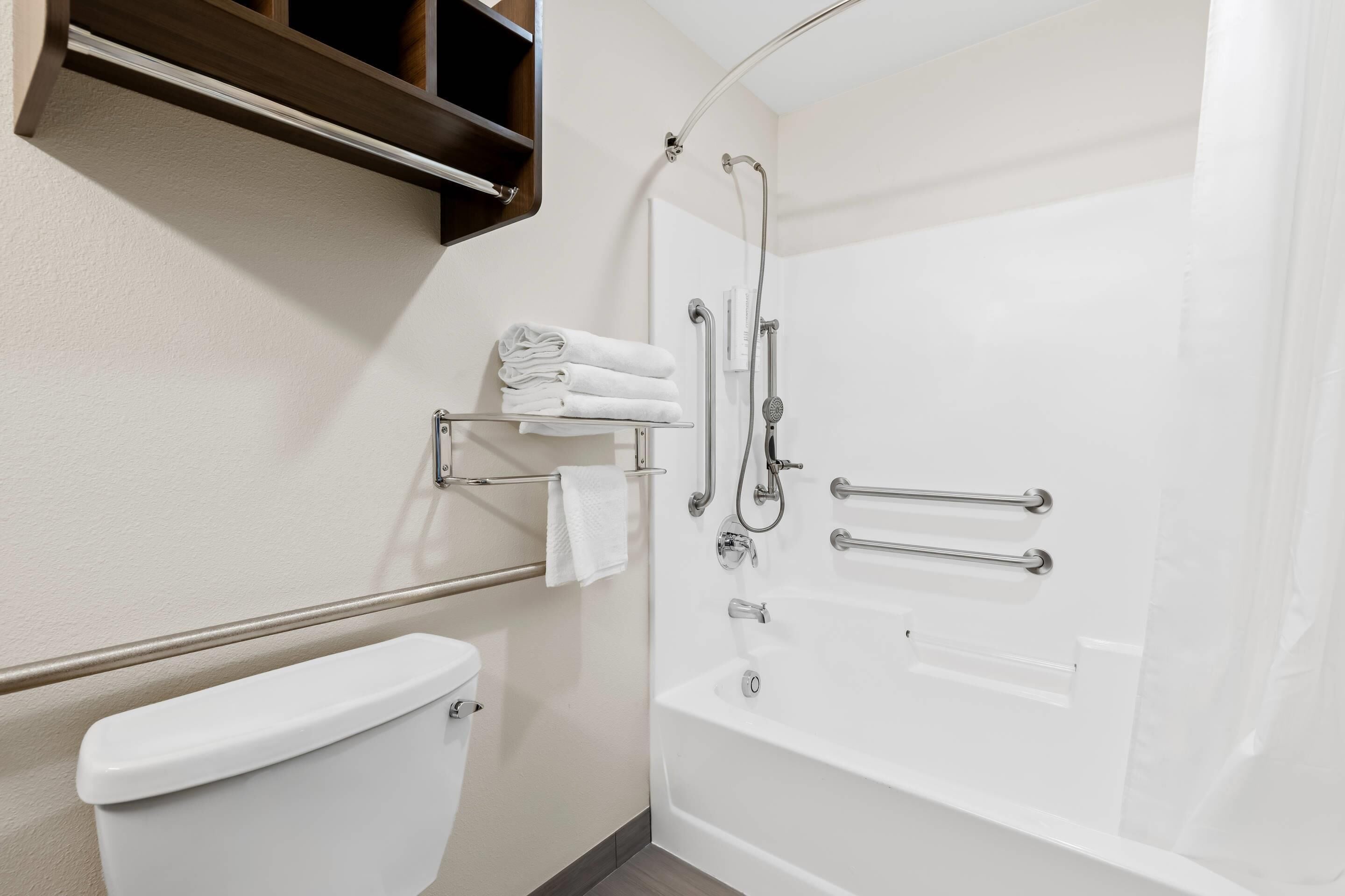 A modern bathroom with a white toilet, a bathtub with grab bars, and a shower with a handheld showerhead.