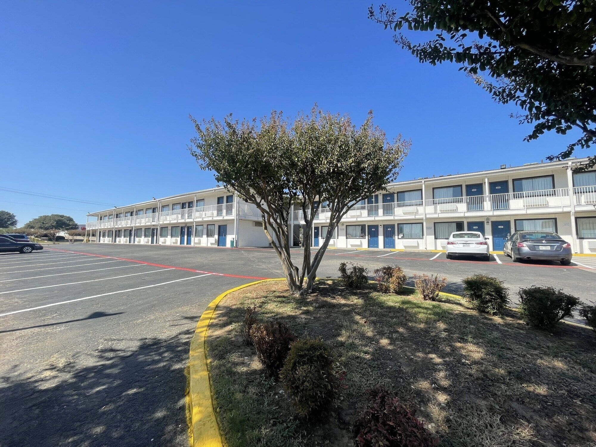 A motel with a parking lot, a tree in the foreground, and a clear blue sky.