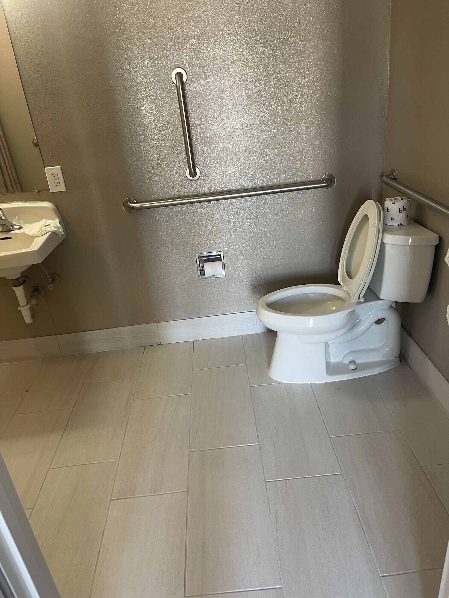 A bathroom with a toilet, a handrail, a sink, and a shower area.