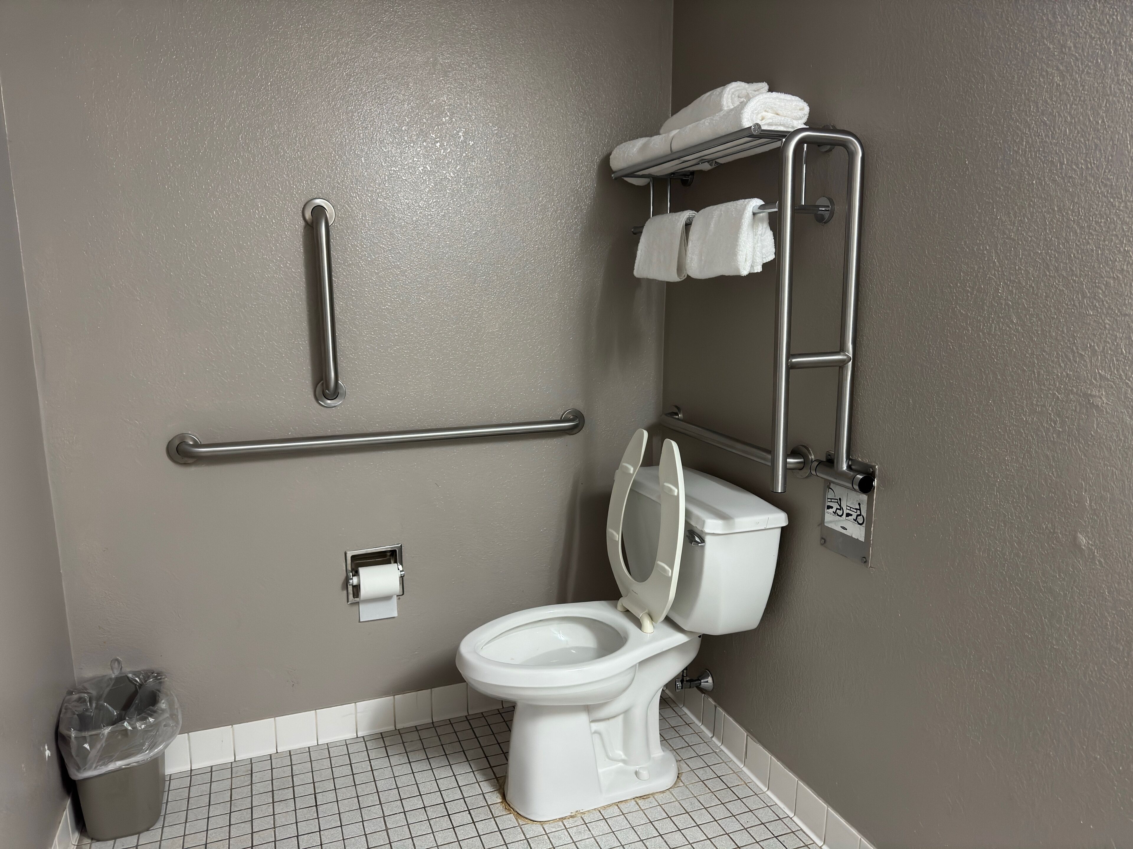 Un baño con inodoro blanco, barra de apoyo, cubo de basura y toallero.