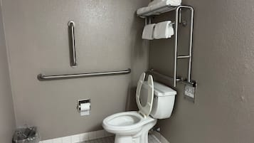 Een badkamer met een wit toilet, een greepstaaf, een handdoekhouder en een prullenbak.