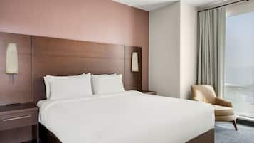 Desk, laptop workspace, blackout curtains, free WiFi