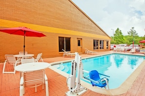 Outdoor pool, pool umbrellas, pool loungers