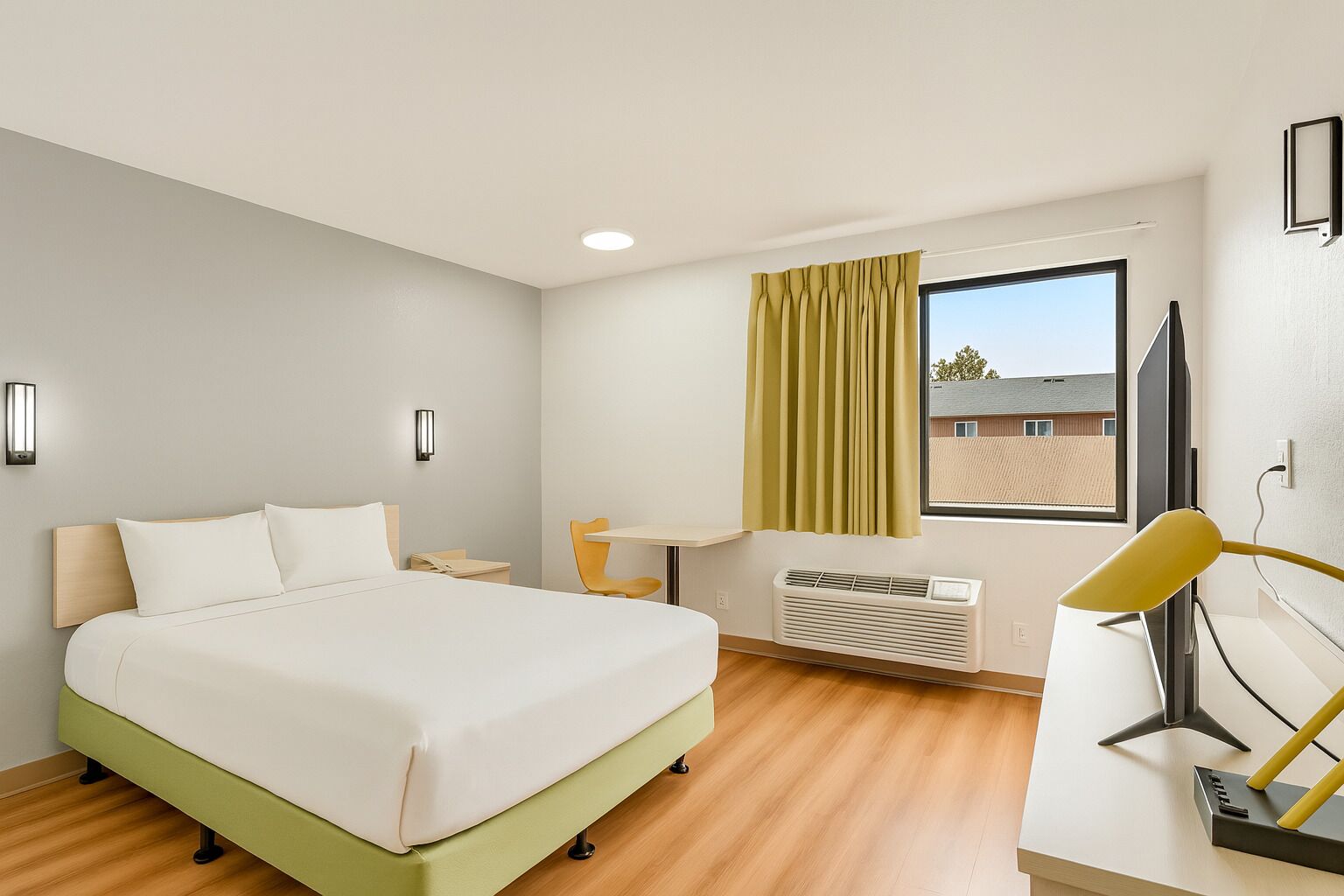 A hotel room with a bed, a desk, a chair, a TV, and a window with curtains.