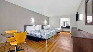 Desk, laptop workspace, free WiFi, bed sheets