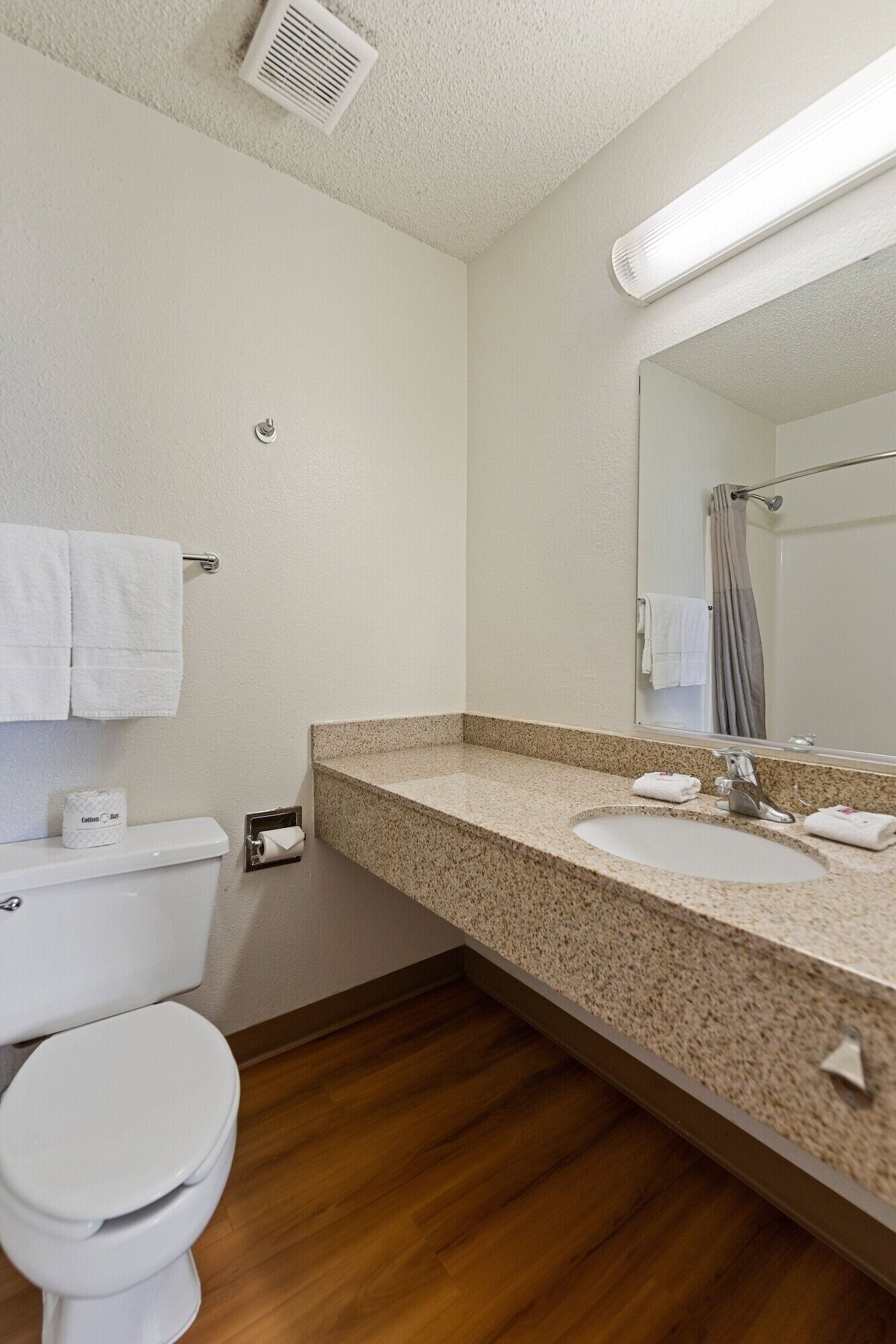 Une salle de bain avec des toilettes, un lavabo et un miroir.
