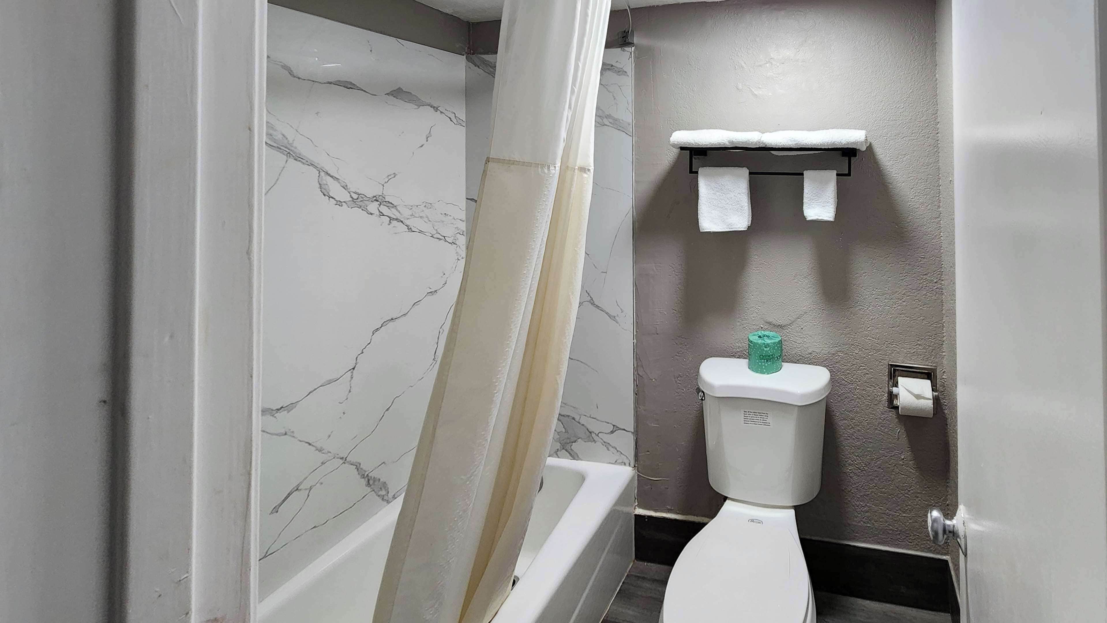 A bathroom with a marble wall, a white toilet, a green toilet paper holder, and a towel rack.