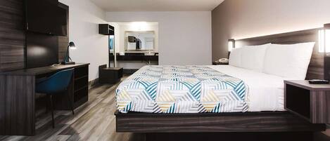 Desk, laptop workspace, blackout drapes, free WiFi