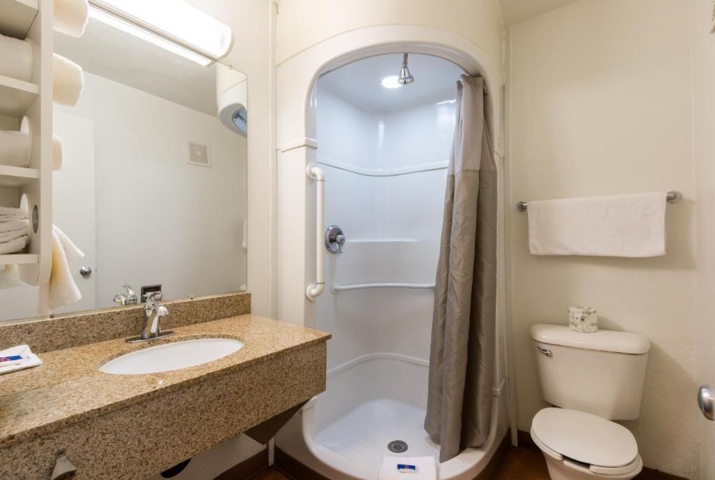 A bathroom with a sink, mirror, shower, and toilet.