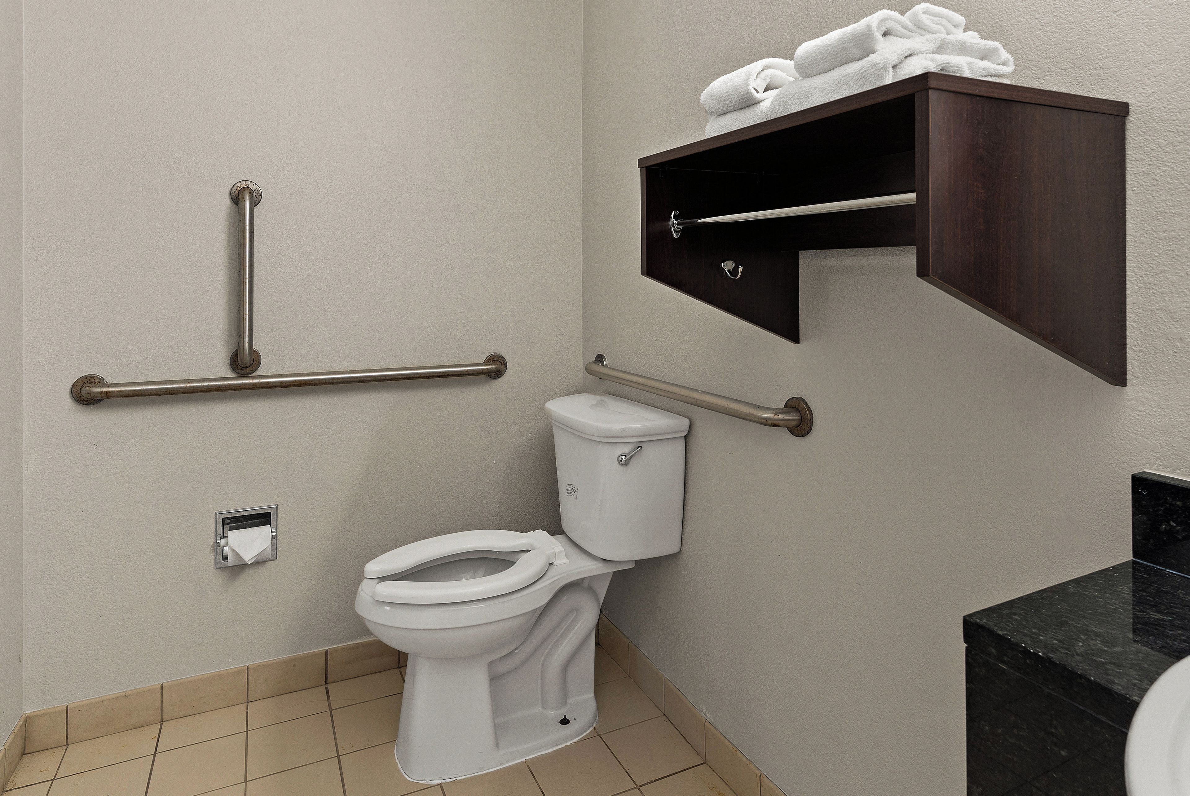 A bathroom with a toilet, grab bars, a towel rack, and a toilet paper holder.