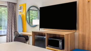 Desk, laptop workspace, blackout curtains, iron/ironing board