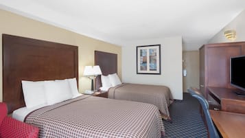 Desk, laptop workspace, blackout drapes, iron/ironing board