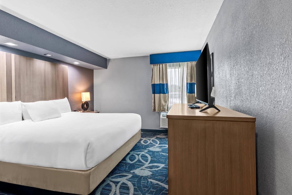 A hotel room with a bed, desk, lamp, TV, and patterned carpet.