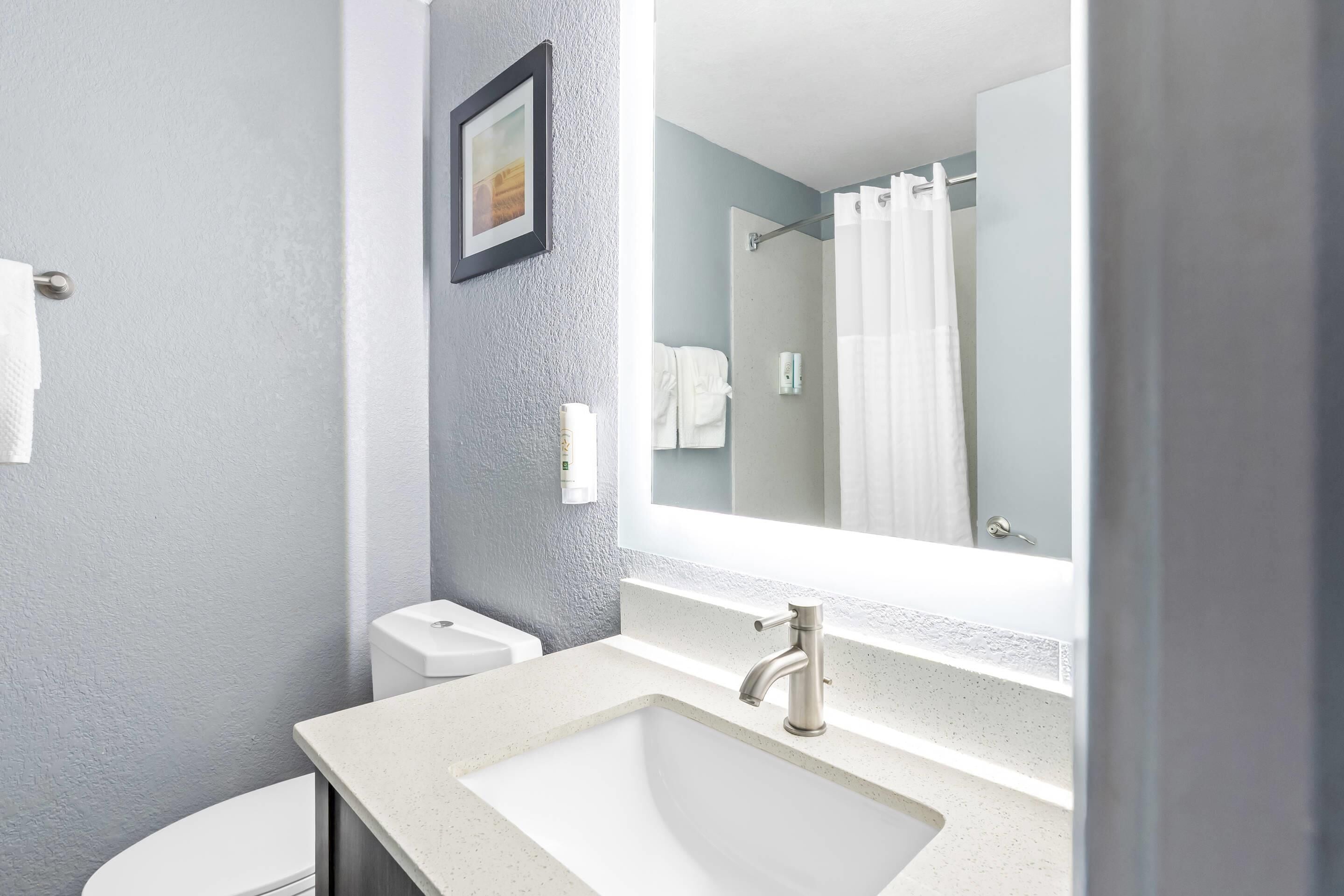 Un baño con un lavabo blanco, un espejo, un inodoro y una cortina de ducha.