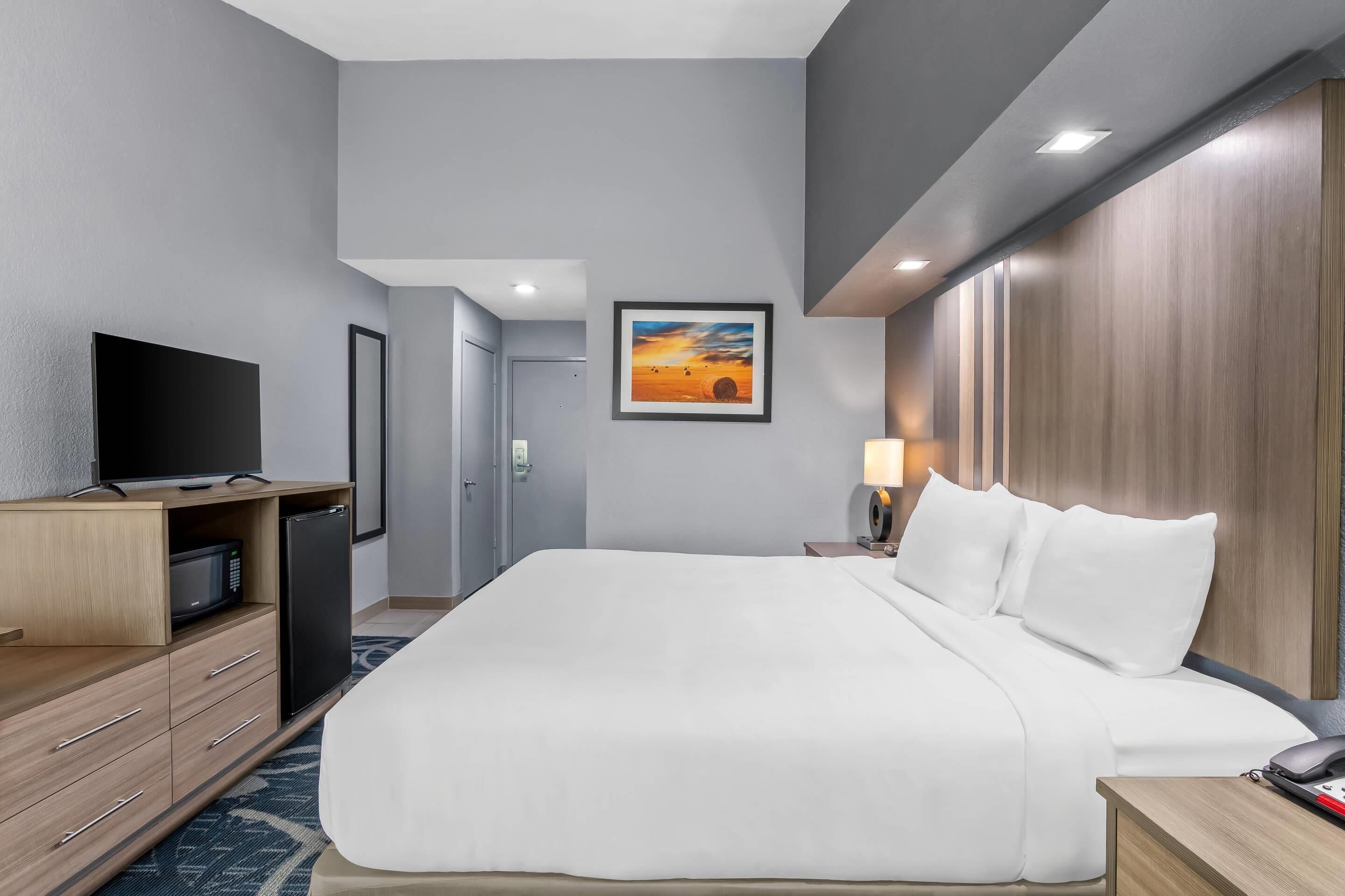 A hotel room with a large bed, a TV, a desk with a lamp, and a painting on the wall.