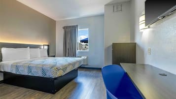 Desk, laptop workspace, blackout curtains, free WiFi