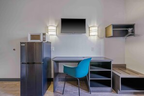 Desk, laptop workspace, blackout curtains, free WiFi