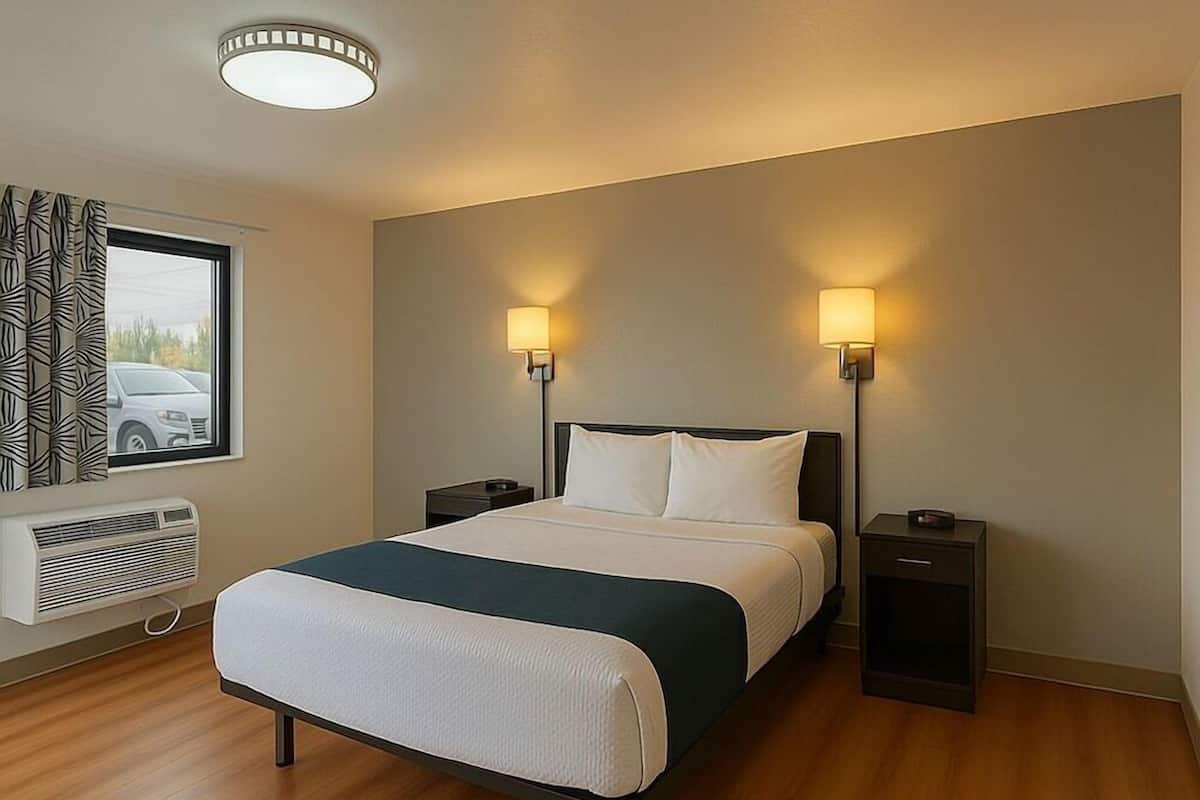 Una habitación de hotel moderna con una cama grande, dos mesitas de noche, un ventanal con vistas y una lámpara de techo.