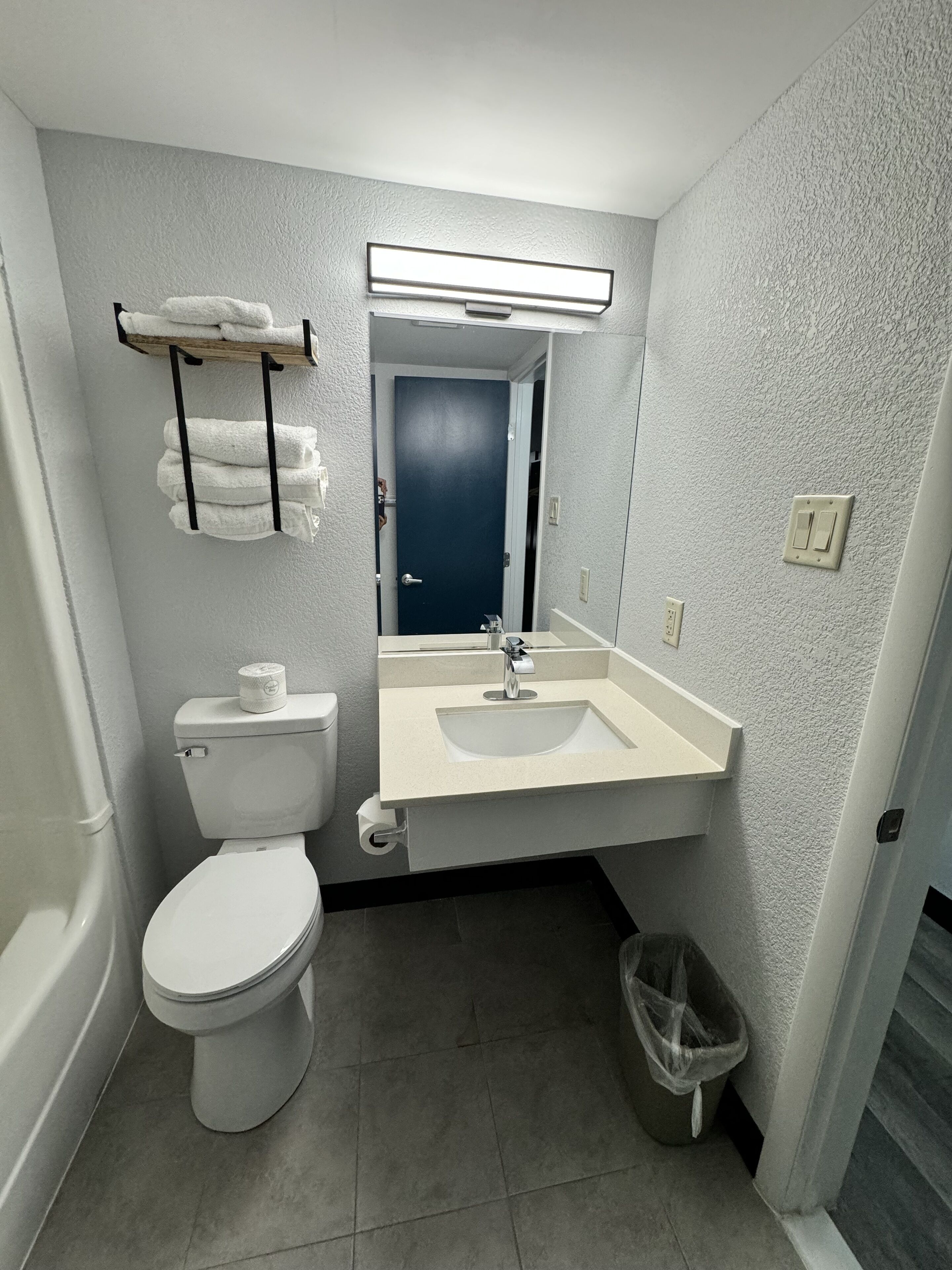 Un baño con inodoro, lavamanos y espejo.