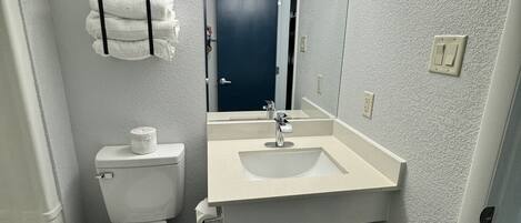 Un baño con inodoro, lavamanos y espejo.