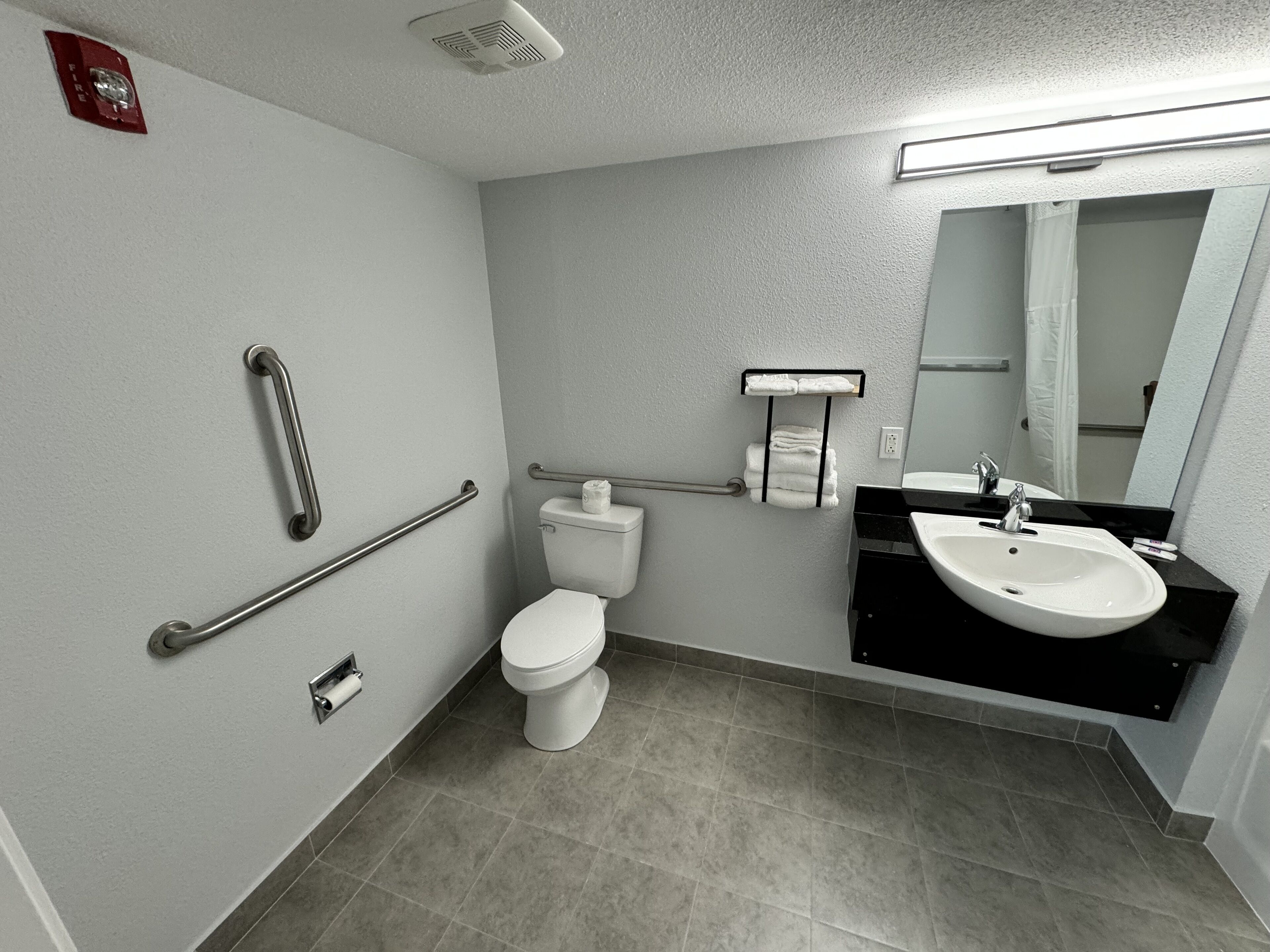 A modern bathroom with a toilet, grab bars, a sink, and a mirror.